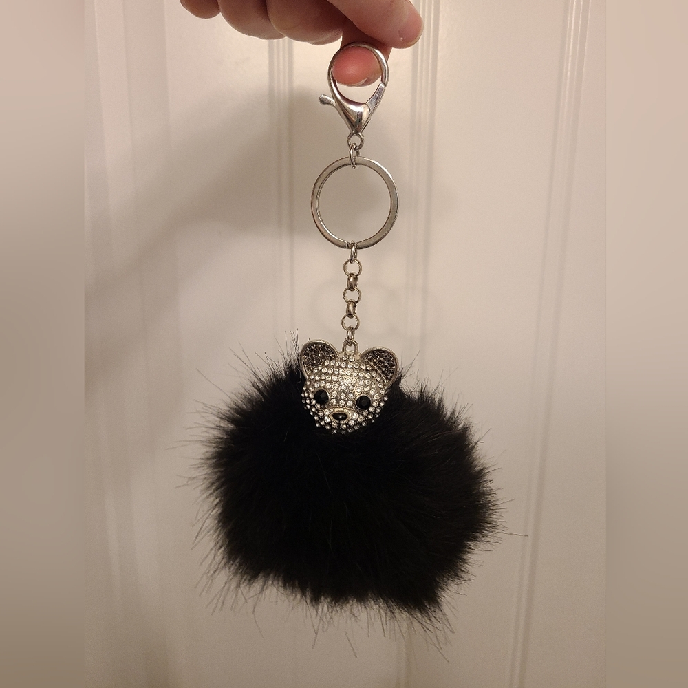 Black and Silver Bear Fluffy Keychain